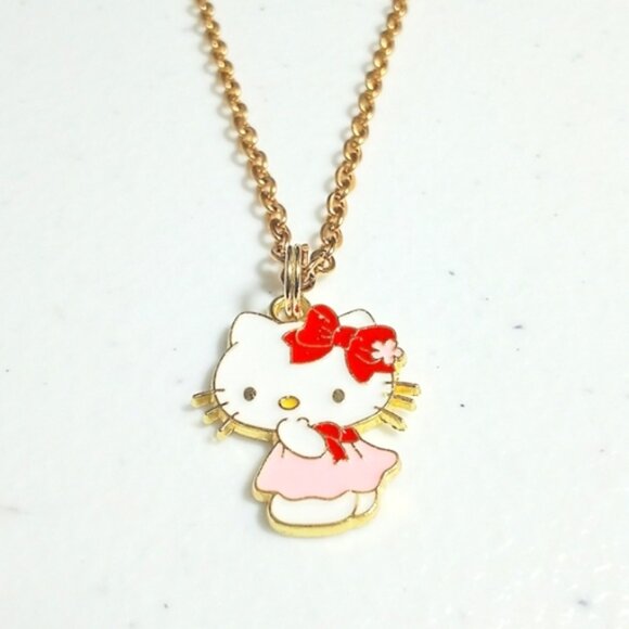 Hello Kitty Cute Pink & Red Gold Plated Pendant Necklace New - Picture 1 of 4